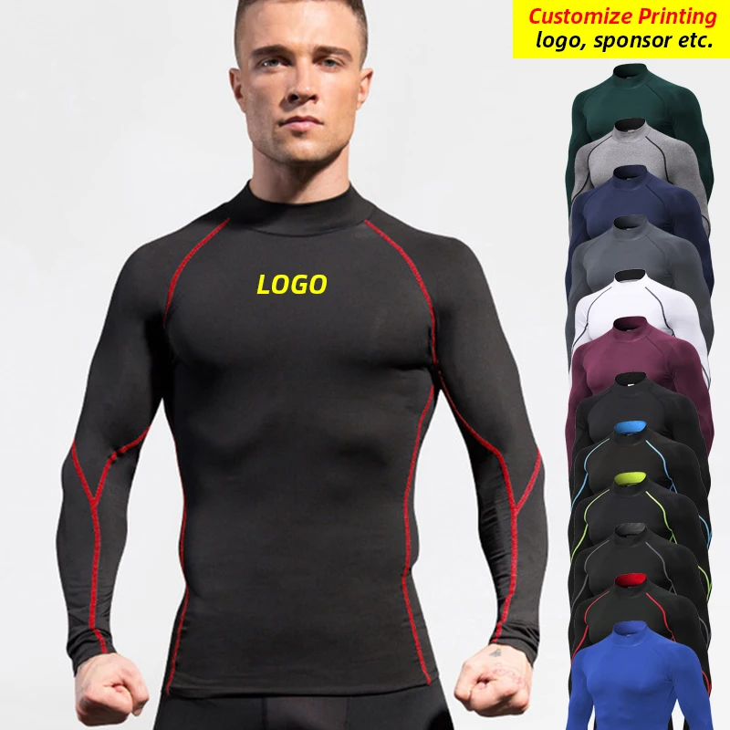 

Quick Dry Stand Collar Compression Running Shirts Men Gym Fitness Long Sleeve Sportswear T-Shirt Elastic Rashguard Top Customize