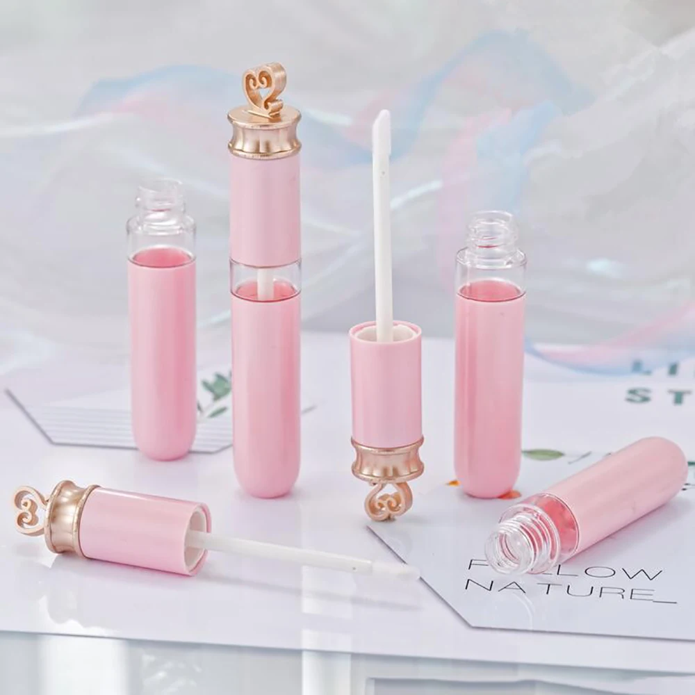 Pink DIY Empty Lip Gloss Tubes Gold Heart Shape Top Lipstick Cosmetic Packaging Container Refillable Bottles 6ml