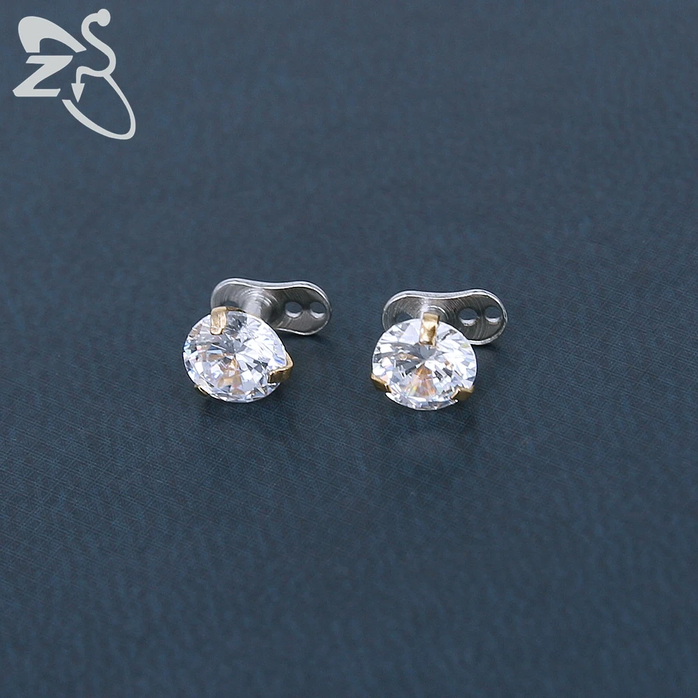 ZS 2Pcs/lot CZ Crystal Round  Skin Diver  Dermal Piercings 316L Stainless Steel Micro Dermal Anchor Hide in Surface Body Jewelry