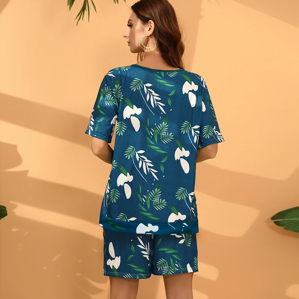 Women Two Pc Print Leaf T Shirt and Shorts Set Summer Short Sleeve O-neck Casual T Shirts  Drawstring Shorts Set Joggers 2 Piece