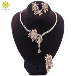 Indian Gold Color Jewelry Sets Flower Necklace Bracelet Earrings Ring Party Elegant Women Luxury Jewelry Birthday Gift