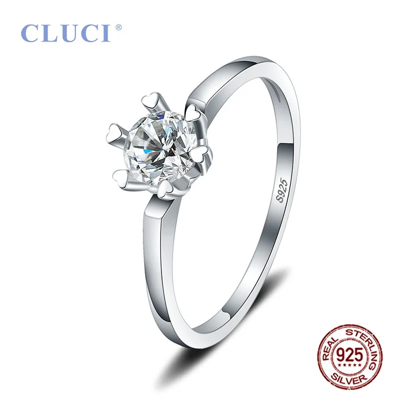 CLUCI 100% Silver 925 Single Zircon Women Wedding Ring Jewelry Classic Six Flaw Ring for Engagement Valentine Gift DR1028SB