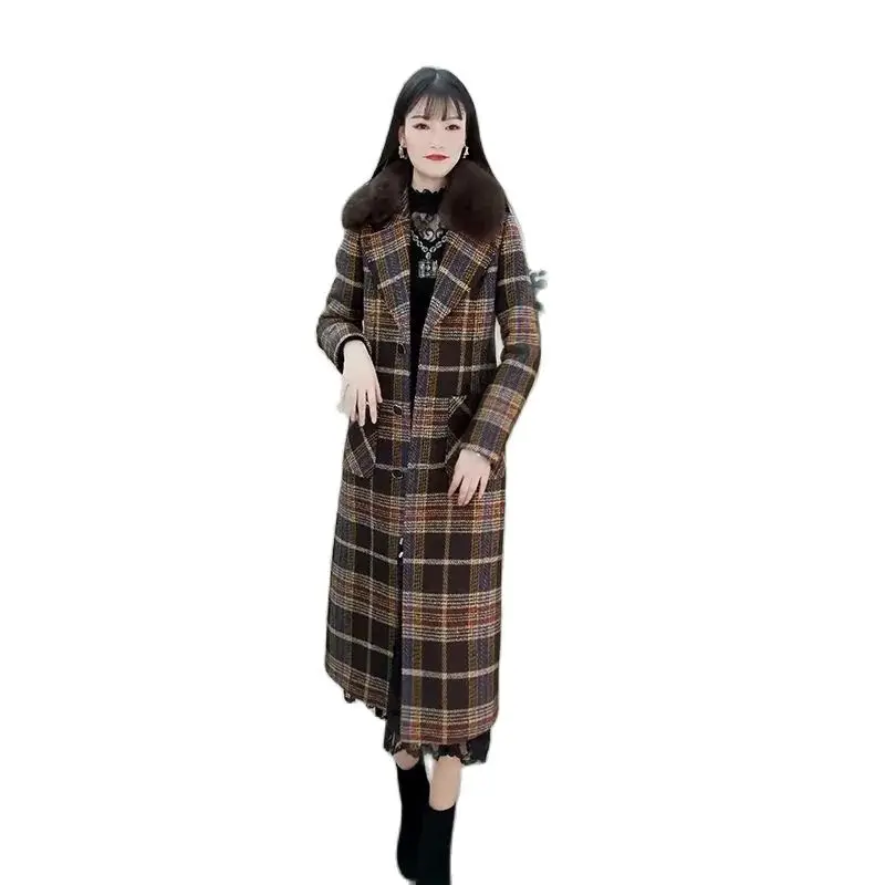 

Female Mid-length Houndstooth Woolen Coat 2022 Women Winter New Temperament Cotton Thick Large Fur Collar Plaid Jacket A808