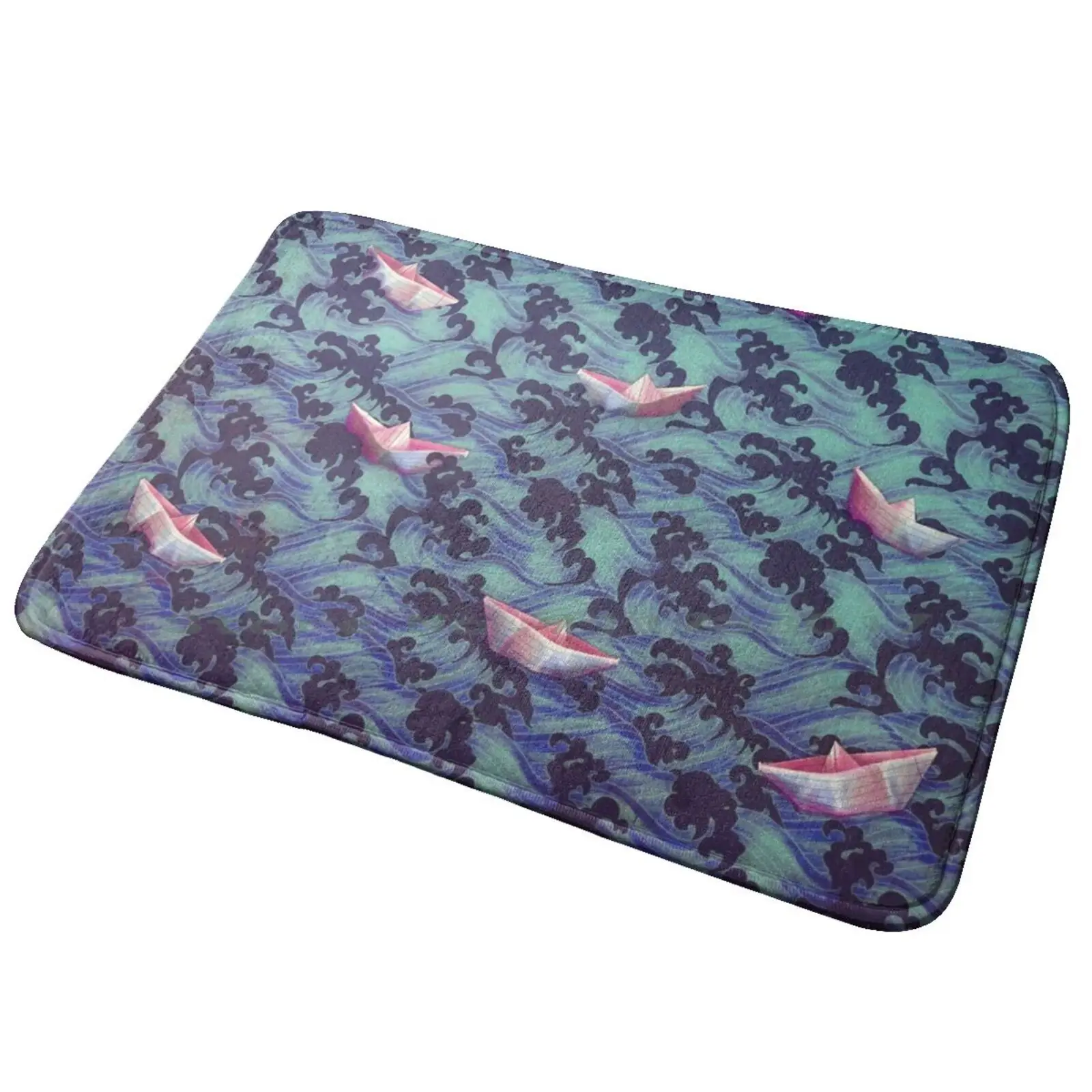 Japanese Waves And Paper Boats Entrance Door Mat Bath Mat Rug Japonese Waves Paper Boat Watercolor Waves Blue And Pink Origami