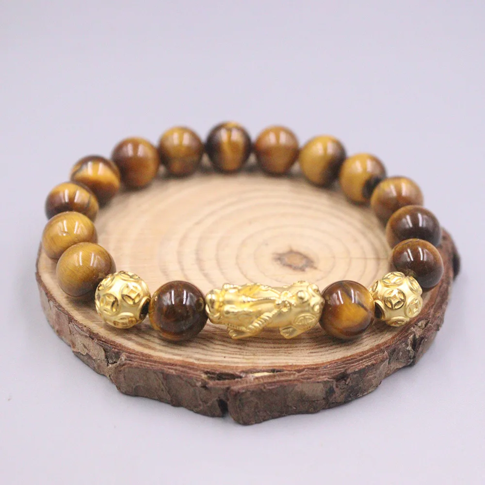 Real 24K Yellow Gold Pixiu And 10mm Gold Bead Bracelet Brown Tiger's Eye Quartz 6.3