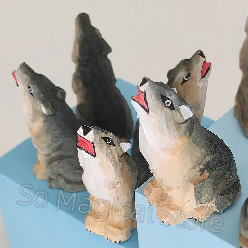 Wood Howling Wolf Decoration Creative  Handmade Kawai Crafts Cartoon Doll Cute Lovely Decoration Christmas Birthday Friend Gifts