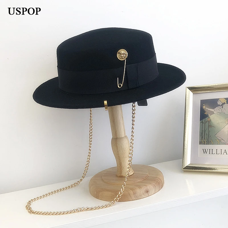 USPOP New Women Fedoras Wool Hats Fashion Fedoras with Chain Female Winter Warm Hats