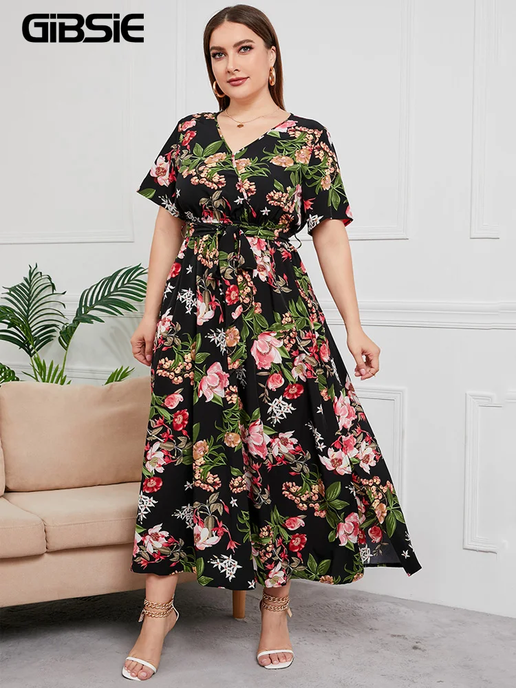 GIBSIE Plus rozmiar V Neck kwiatowy Print sukienka Boho kobiety lato Maxi na krótki rękaw sukienki wakacje linii kobiet sukienka z paskiem