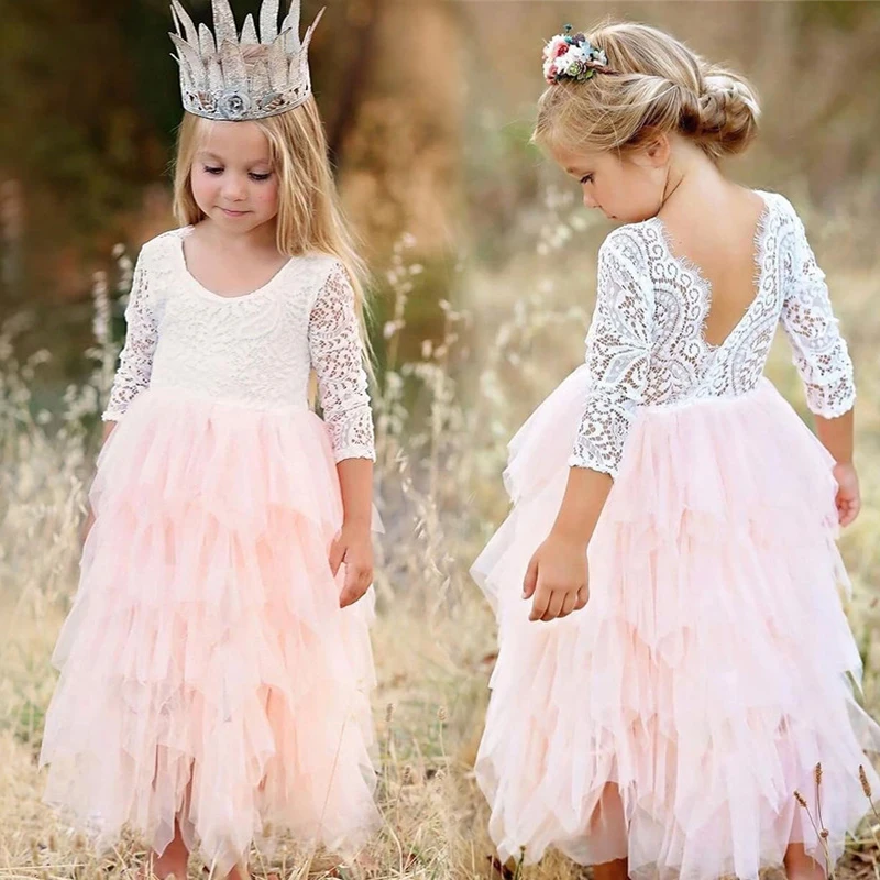 

3-8T Summer Girl Dresses Lace Princess Backless Floral Kids Dress Party Birthday Ceremony Girl Bridesmaid Vestido