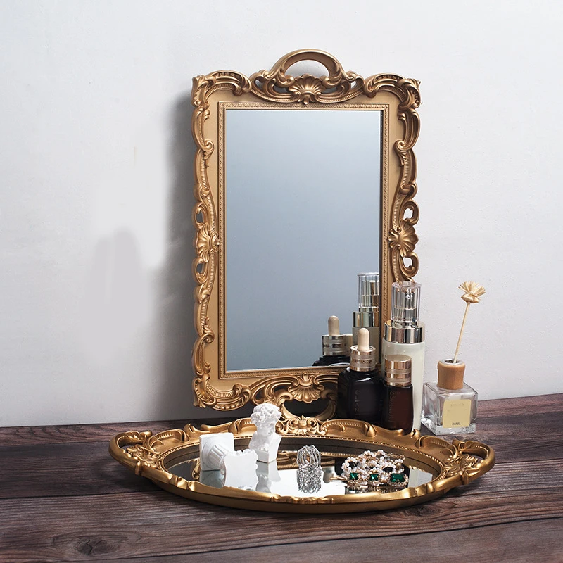 Retro Gold Portable Cosmetic Makeup Mirror, Hand Hold Oval Display Tray, Home Decoration Accessories, New, 2024