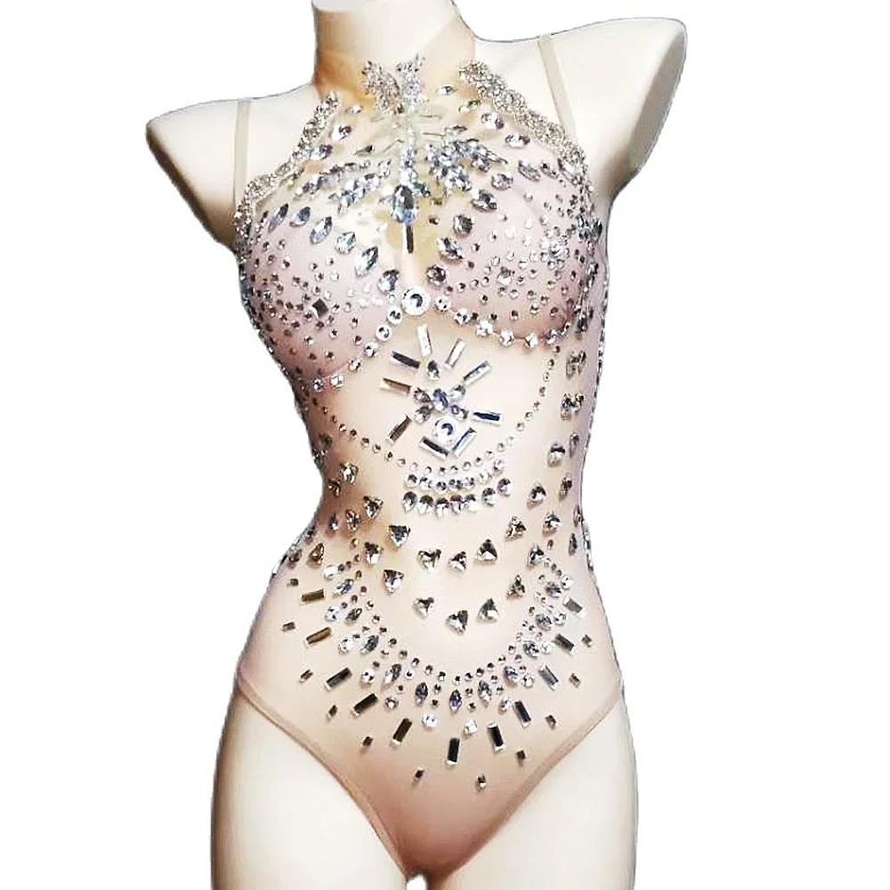 

Sparkling Sequins Rhinestones Bodysuit Women Mesh Gauze Perspective Bodycon Nightclub Dance Show Wear Party Sexy Leotard