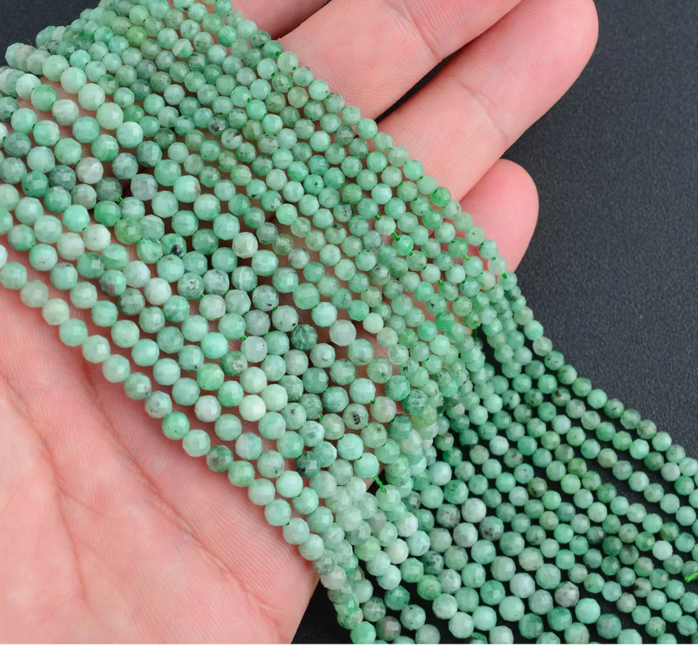 1 hebra de cuentas sueltas redondas facetadas de Esmeralda verde auténtica Natural