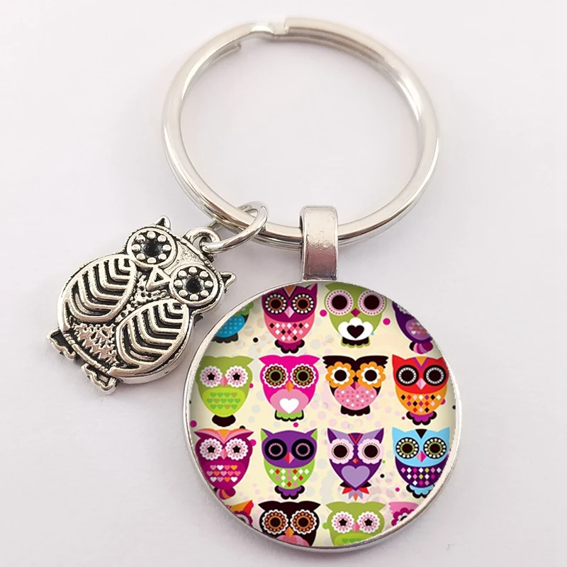 New cute cartoon owl key chain animal owl pattern key ring key ring chain holder glass convex round charm bag key chain
