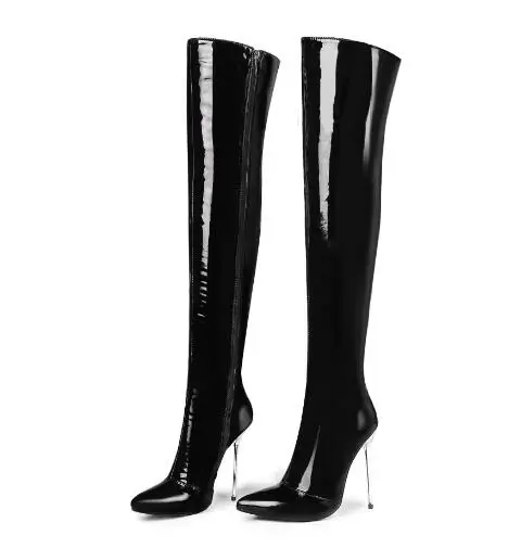 

Dipsloot Woman Black Red White Patent Leather Over The Knee Plush Boots Female Zipper Iron Stiletto Heels Thigh High Boots Shoes