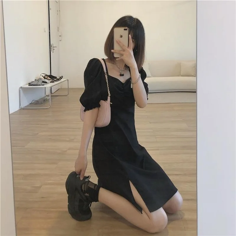 여성용 스퀘어 칼라 드레스, 홀리데이 레이디 선드레스, 사이드 슬릿 디자인, 순수 여름 섹시 패션, 빈티지 프렌치 스타일, 심플한 하이웨이스트