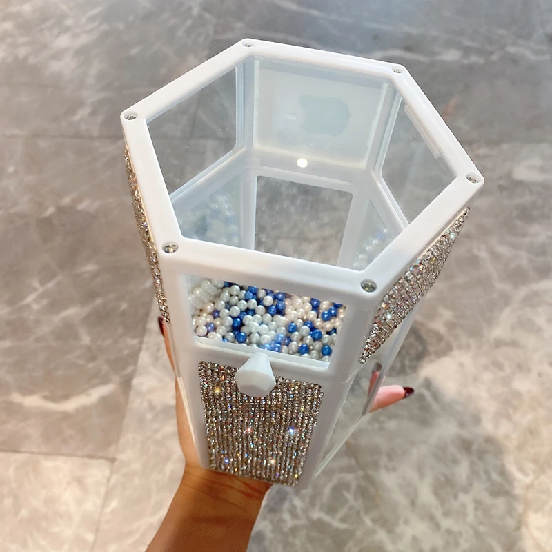 Secchio portaoggetti antipolvere con coperchio, perle, grande capacità, espositore per gioielli da trucco con strass per Organizer da tavolo