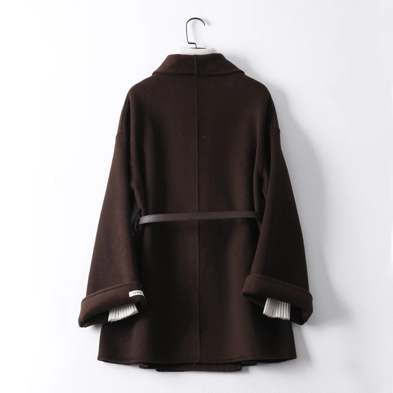 2021 Autumn Wool Coats Women Double-faced Woolen Coat Spring Fashion Black Short Jackets with Belt Casaco Feminino Inverno Gmm77