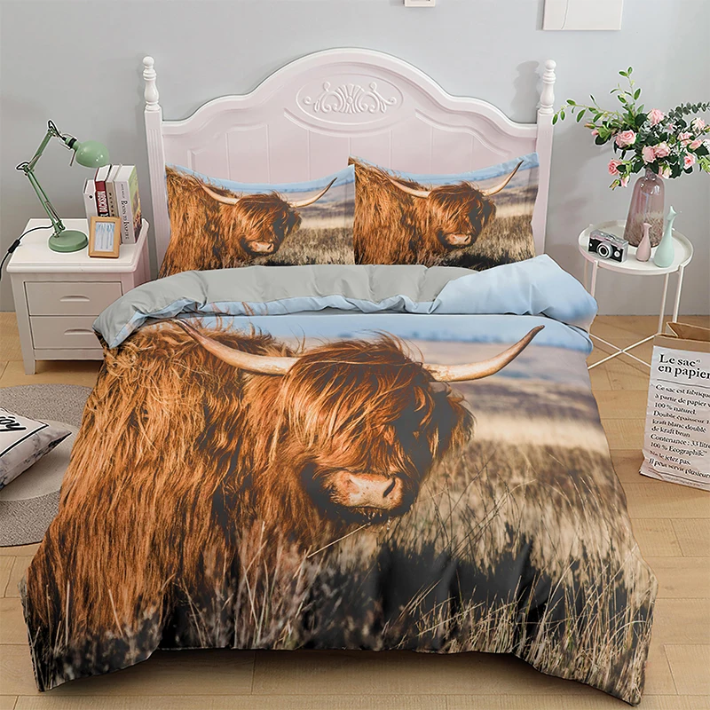 Hot Sale 3D Highland Cow Pattern Printed Bedding Sets Queen King Size 2/3PCS Suit