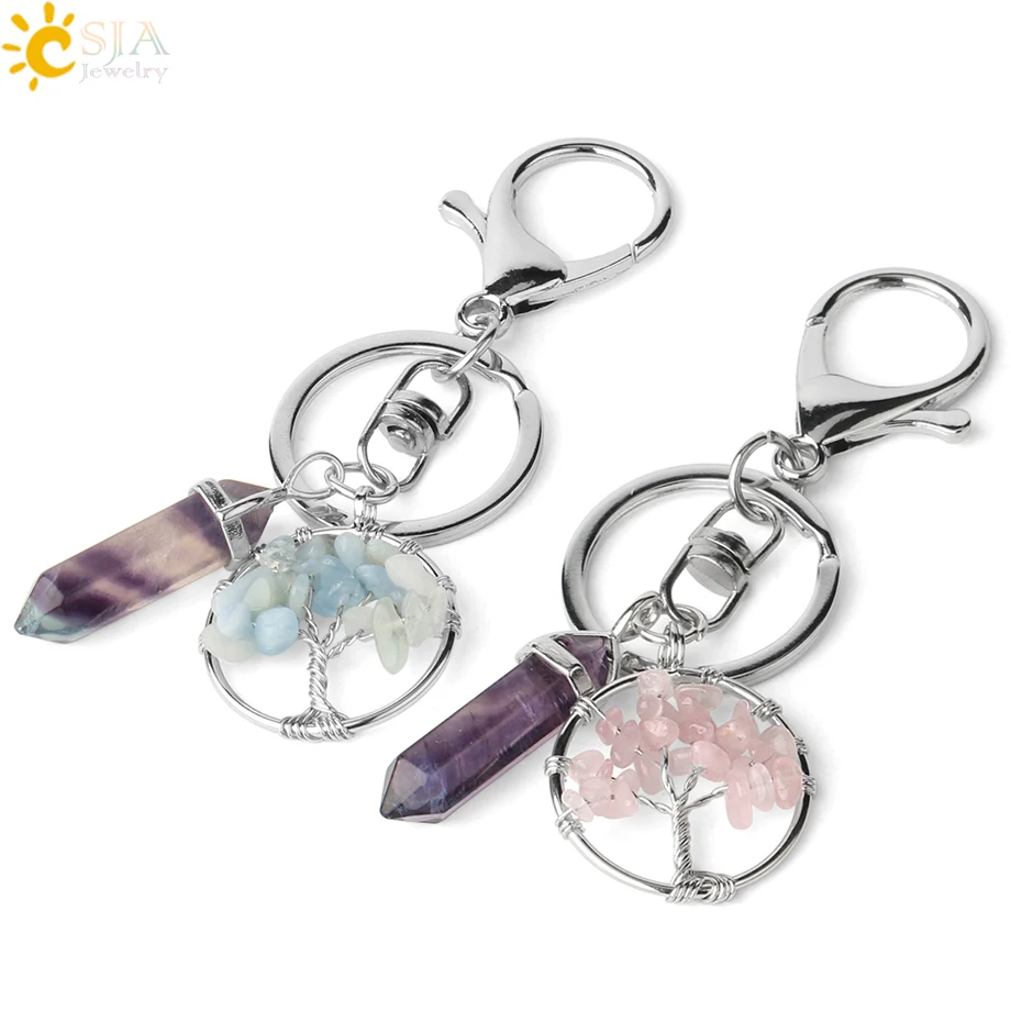 CSJA Naturstein Fluorit Baum des Lebens Anhänger Schlüsselanhänger Karabinerverschluss Schlüsselhalter Auto Rucksack Zubehör Einzigartiger Schmuck G380