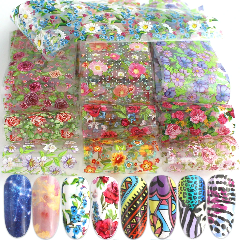 Pegatinas holográficas de flores para decoración de uñas, lámina de transferencia holográfica de cielo estrellado, diseño para calcomanías de uñas,
