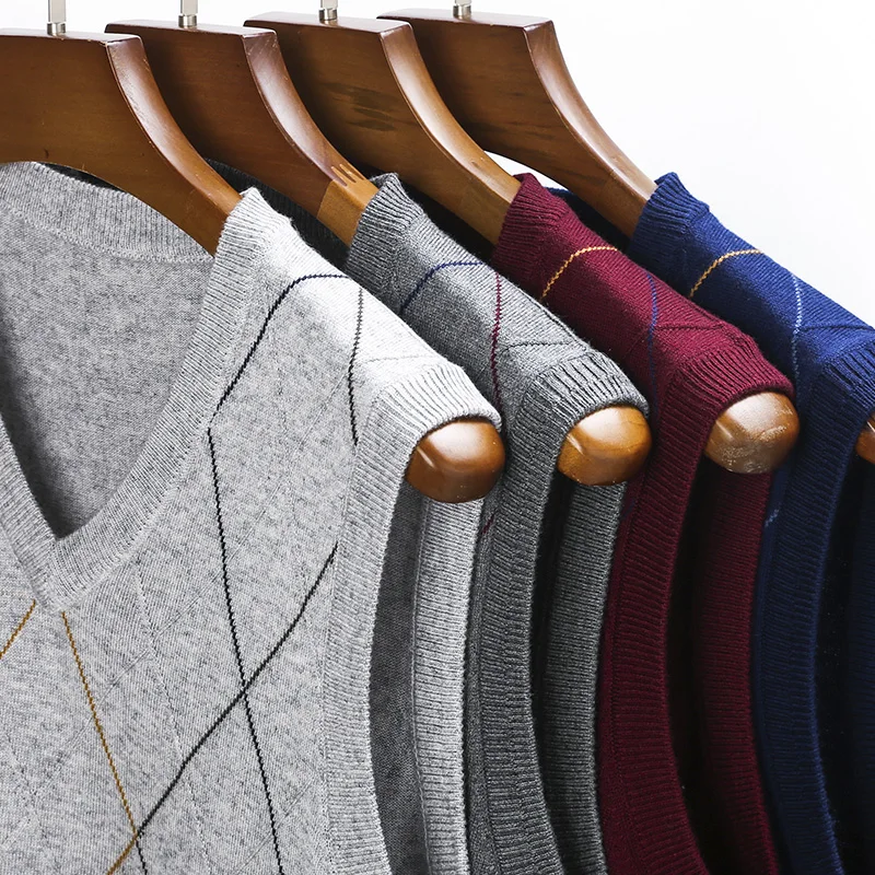 Men Cashmere Wool Waist Spring Autumn Fashion Argyle Pattern Sweater Vest Male Sleeveless Knitwear Pullover Knit  Vest