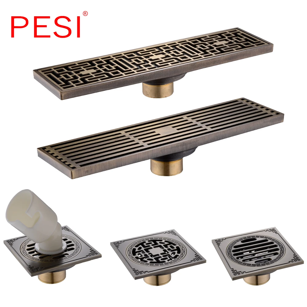 Shower Floor Drain 8*30CM Euro Antique Brass Art Carved Cover Shower Waste Bathroom Bath Accessories Strainer .