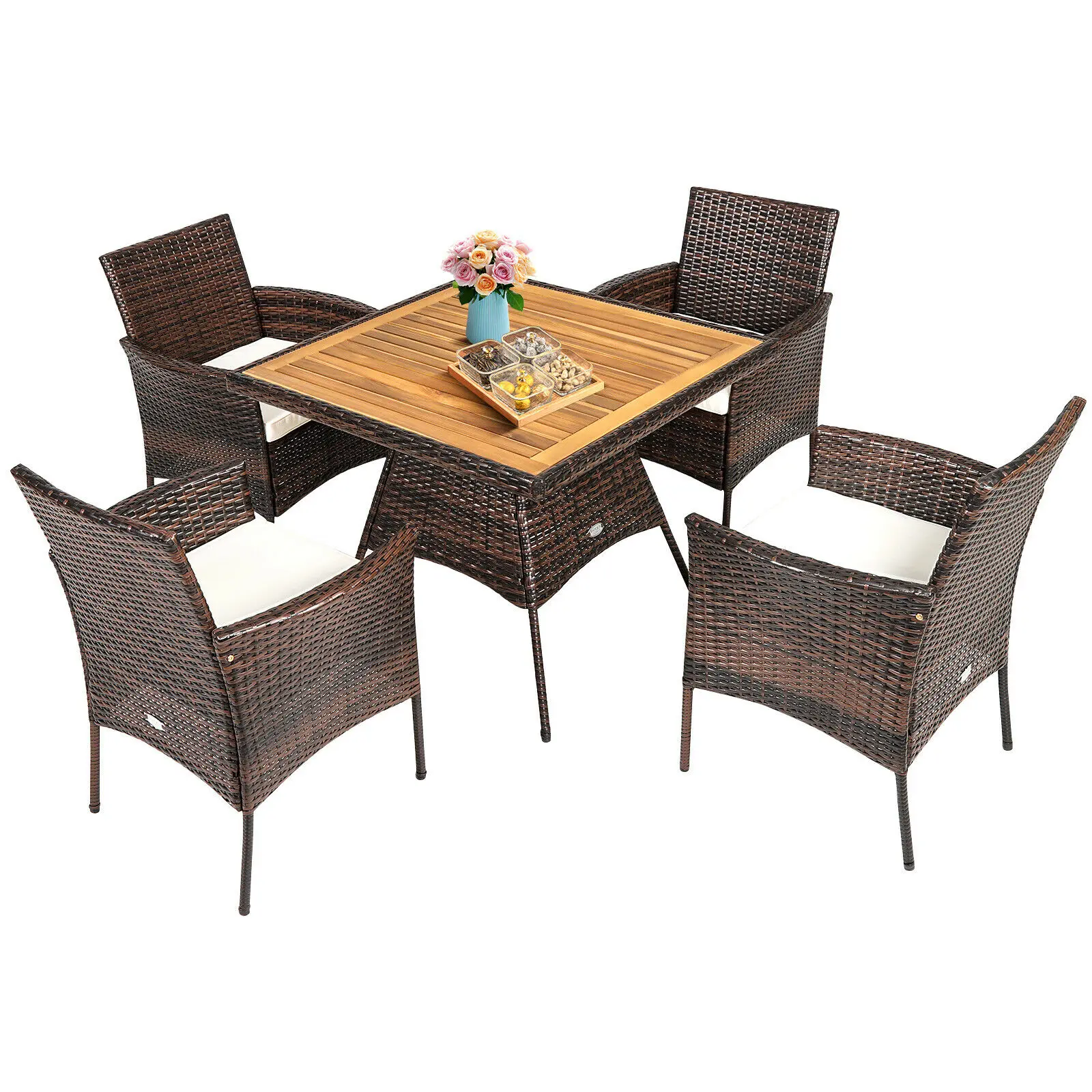 Patiojoy 5PCS Patio Rattan Dining Furniture Set Arm Chair Wooden Table Top  HW67789+