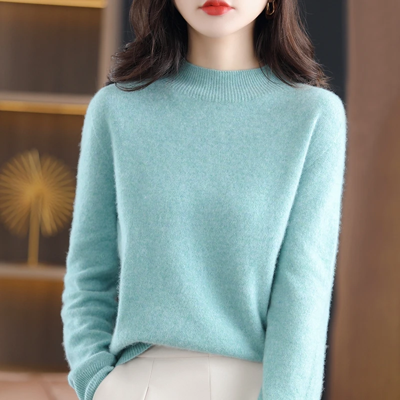 Women's Half Turtleneck Sweater Solid Color Pullover Long-Sleeve New First-Line Ready-To-Wear 100% Wool Comfortable Loose Knit