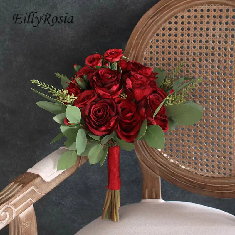 

Artificial Red Bridal Bouquet Vintage Eucalyptus Roses Chinese Traditional Wedding Flower Bouquet Demoiselle d’honneur Blumen