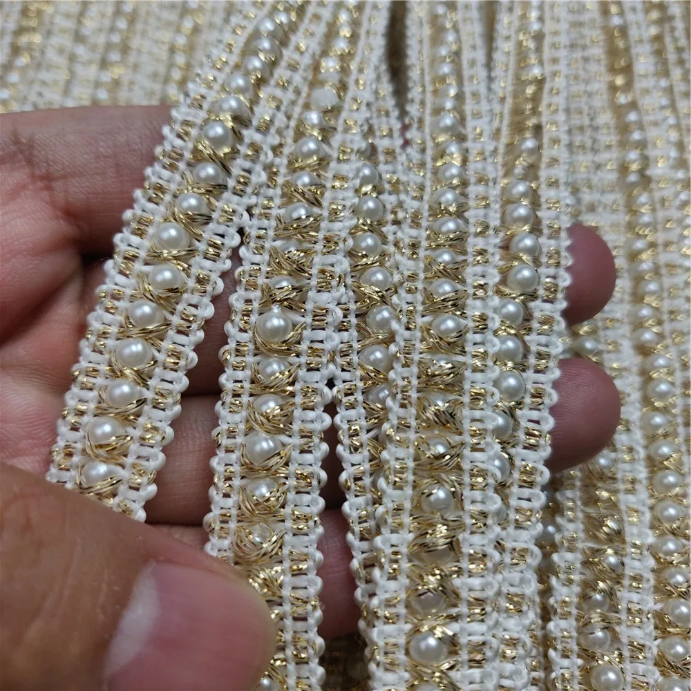 White Pearl Beads Gold Webbing Trimming Lace Ribbon Scrapbooking Applique Embellishment Sewing For Wedding Dress 5 yards/lot