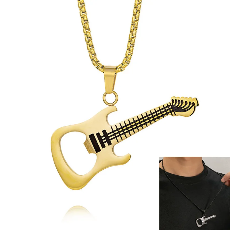 Personality Stainless Steel Music Jewelry For Men Gold/Black Rock Style Bottle Opener Guitar Pendant Necklace Chain 60CM