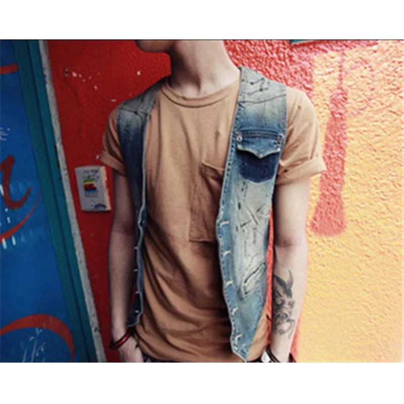 Men's Denim Vest Brand Jeans Men Cowboy Vintage Casual Sleeveless Jacket Holes Personalized Cardigan Men Overcoats Clothing