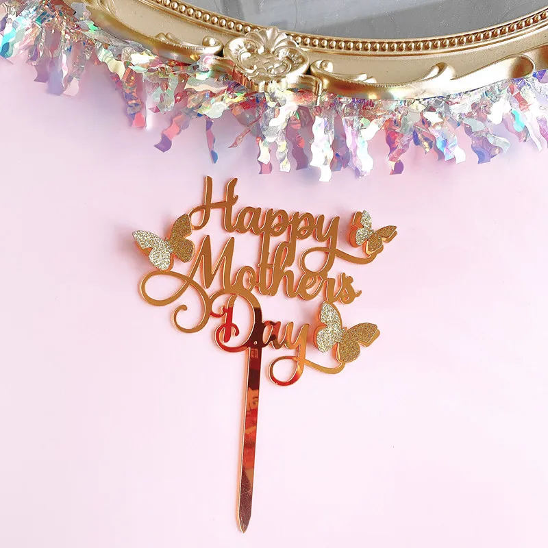 New I Love Mom DAD Acrylic Cake Topper Gold Love butterfly Mother's Day CakeTopper For Happy Mother's Day Party Cake Decorations