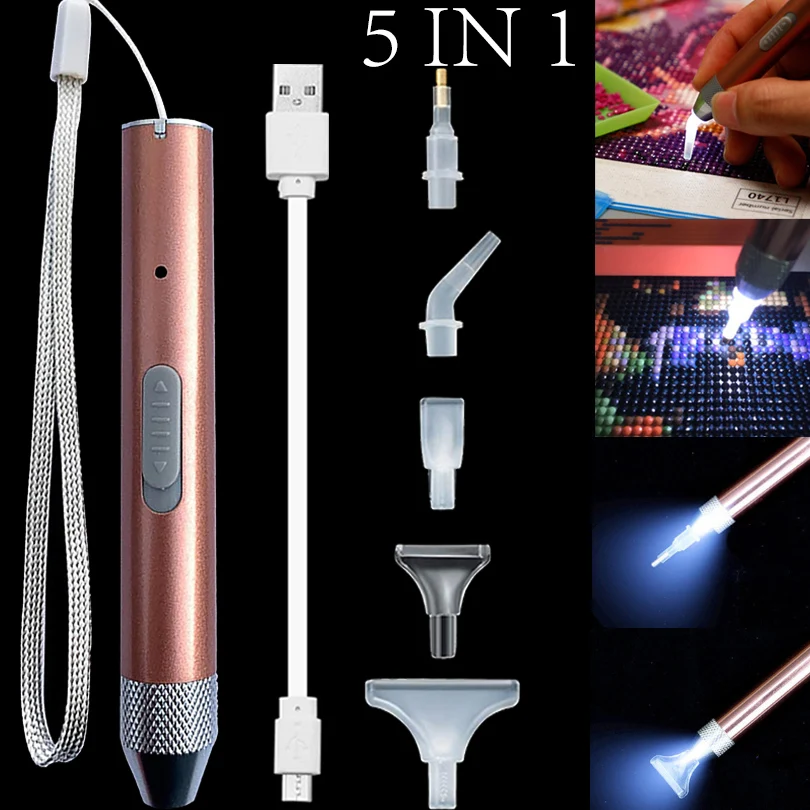 DIY Nails Painting Craft LED Lighting Point Drill Pen 5D Diamond Painting USB Rechargeable Embroidery Painting Accessories Suit