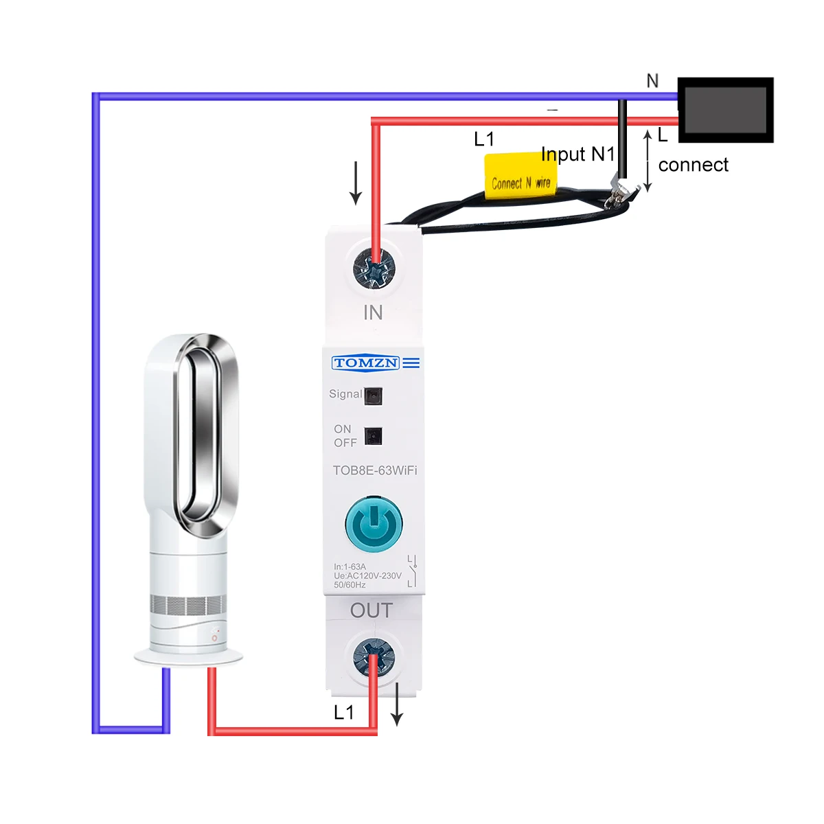 Din Rail WIFI Circuit Breaker Smart Switch Remote Control by Ewelink APP for Smart Home 18mm 63A TOMZN TOB8E-63WIFI