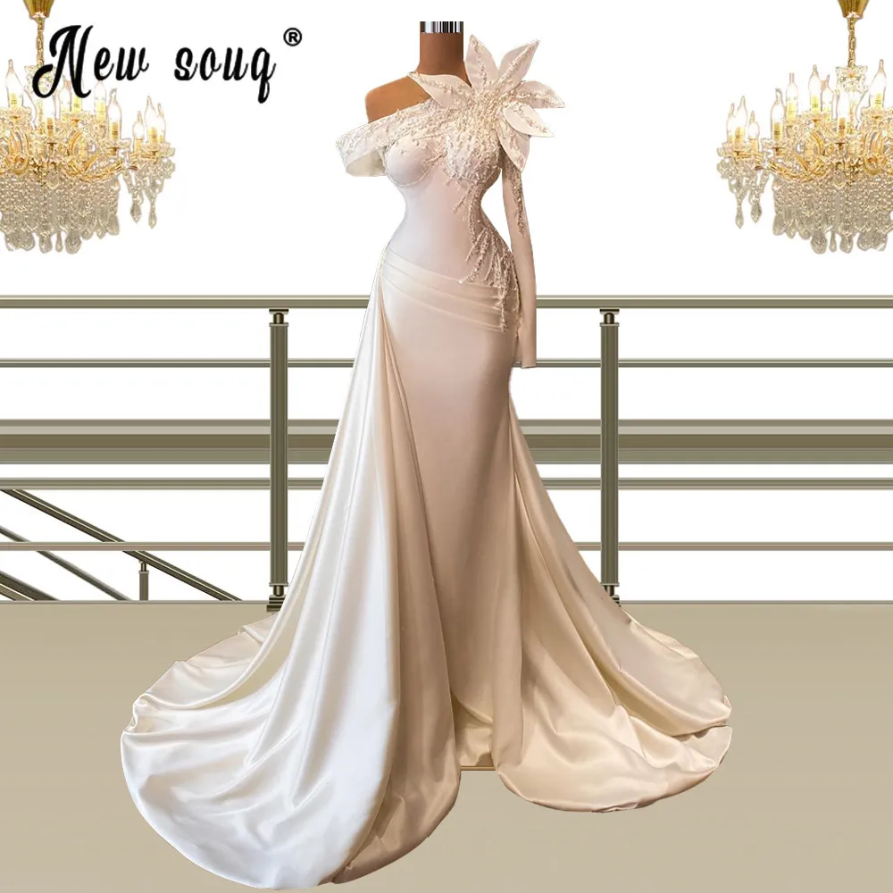 Simples fora do ombro cetim longo vestido de casamento 2021 aso ebi pérolas 3d flores vestido de festa à noite com vestido de baile de formatura branco destacado