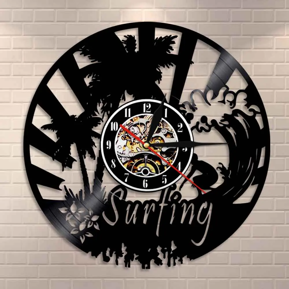 Surfing Wall Art Decorative Vinyl Record Wall Clock Windsurfing Surfing Water Sports Hanging Watches Home Decor 3D Watch Clocks