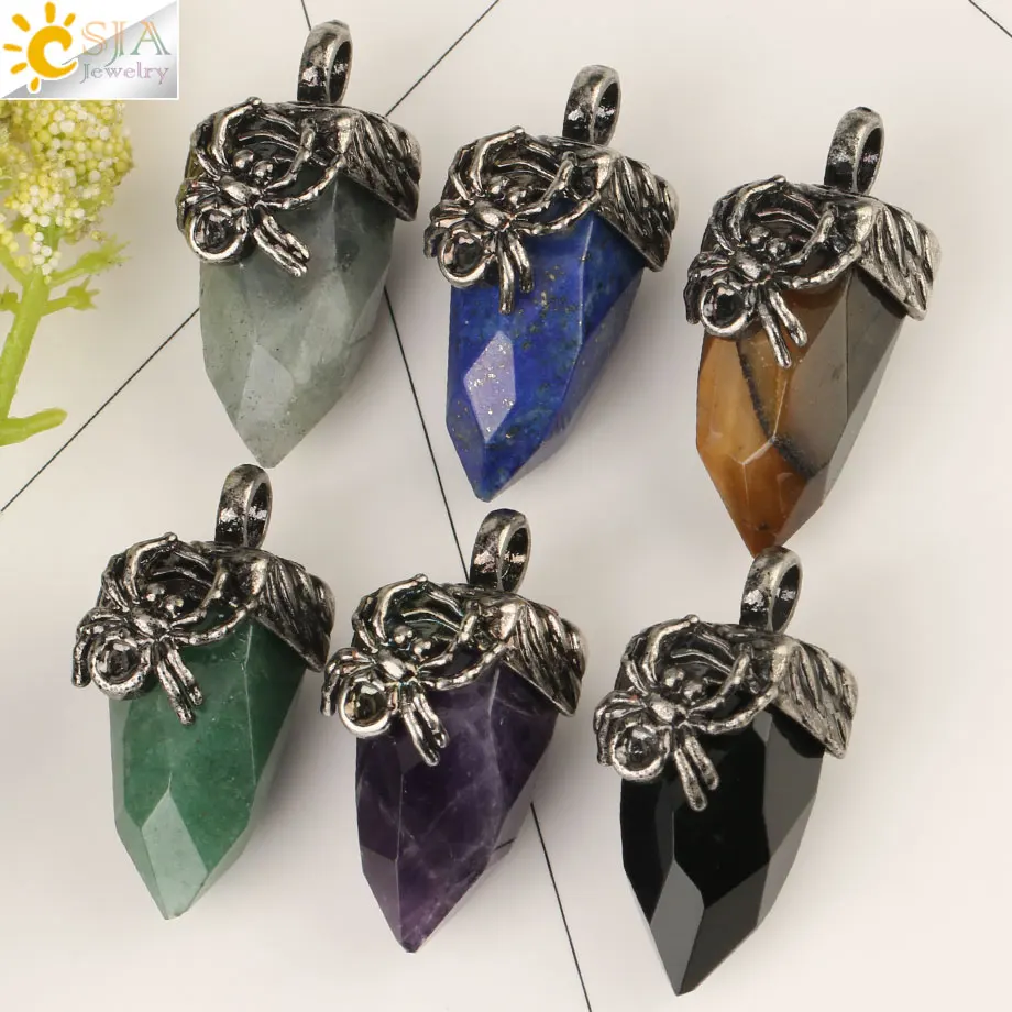 CSJA Antique Silver Color Cone Faceted Pendant Necklace Natural Pink Crystal Spider Design for Women Men Vintage Jewelry G160