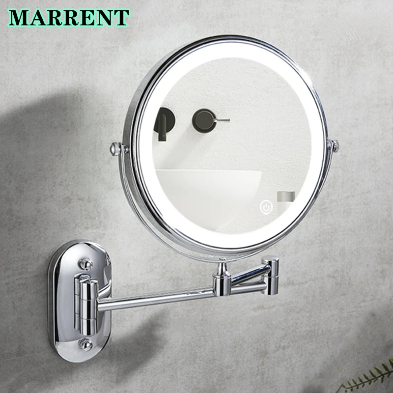 LED Magnifying Bathroom Mirrors Quality Brass Round Chrome Female Makeup Mirrors Wall Mounted Double Face Chrome Bathroom Mirror