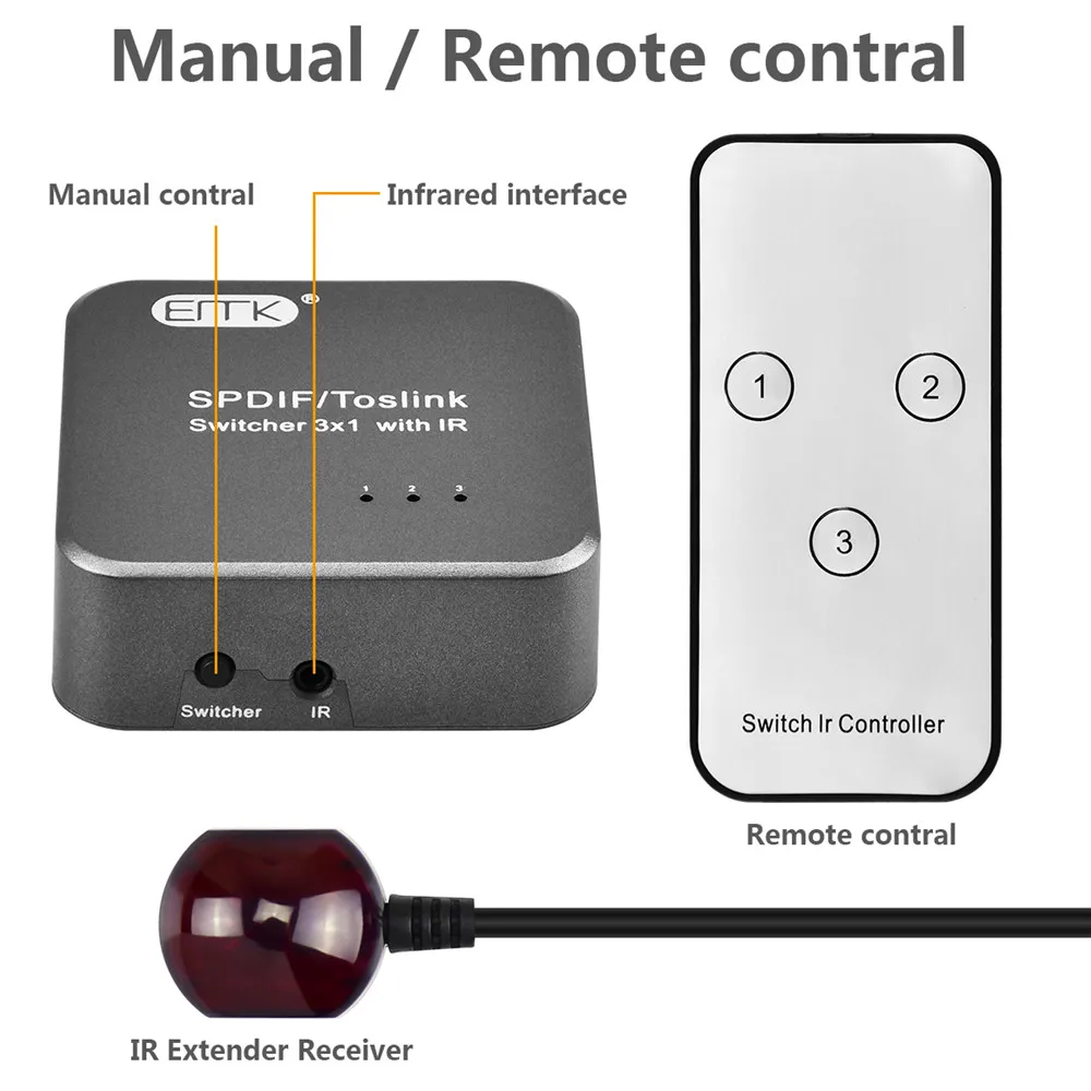 EMK SPDIF TOSLINK الجلاد 3x1 مع IR عن بعد الرقمية البصرية مفتاح الصوت محدد صندوق 3 طريقة ل DVD ps4(3 المدخلات إلى 1 الإخراج)