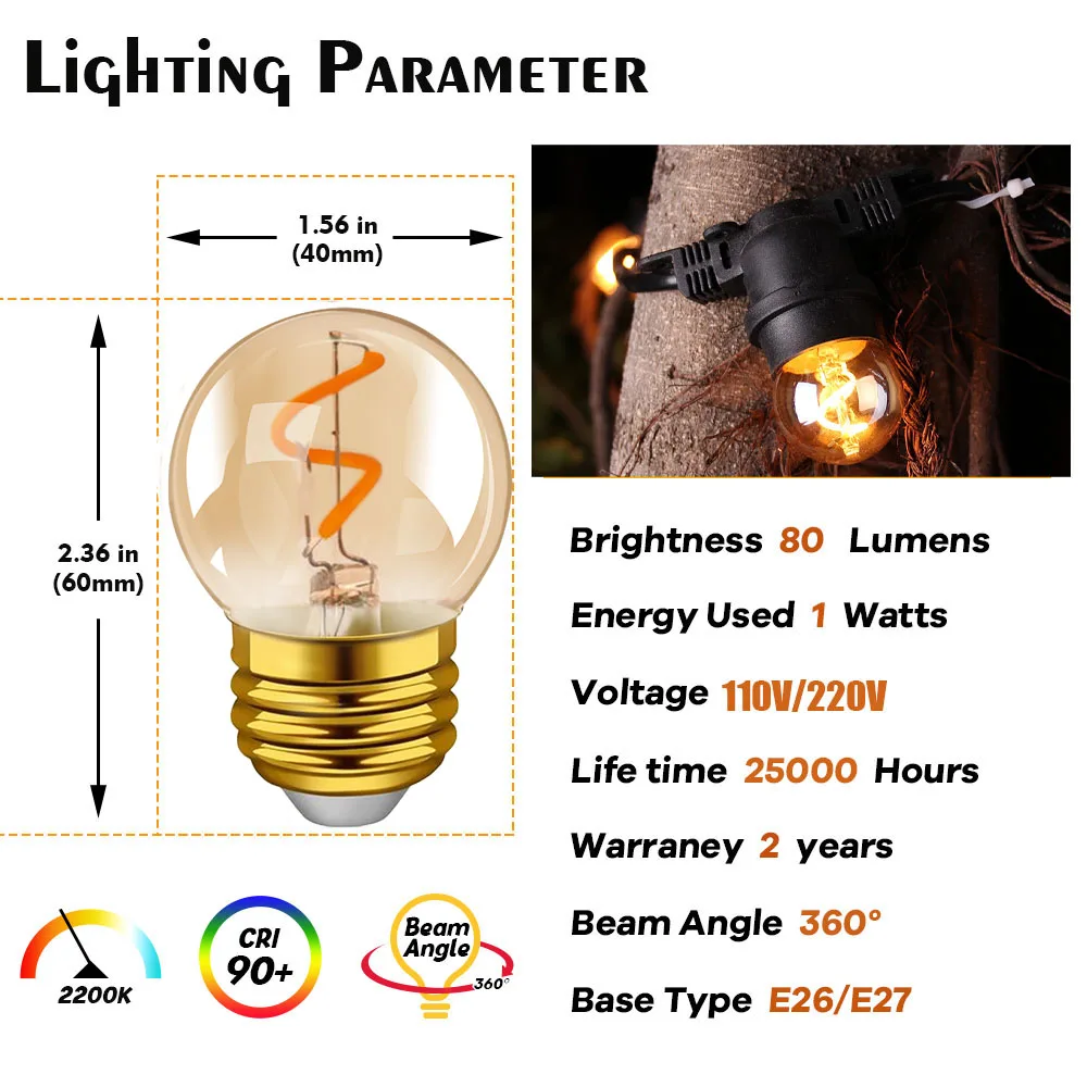 Bombilla de filamento espiral Led dorada G40, 1W (equivalente a 10W), lámpara Led de ahorro de energía de vidrio ámbar E27, 220V, 2200K, bombilla