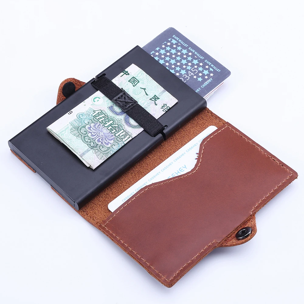 Ultra Thin Metal Card Holder for Men RFID Genuine Leather Wallet with Zipper Coin Pocket Purse