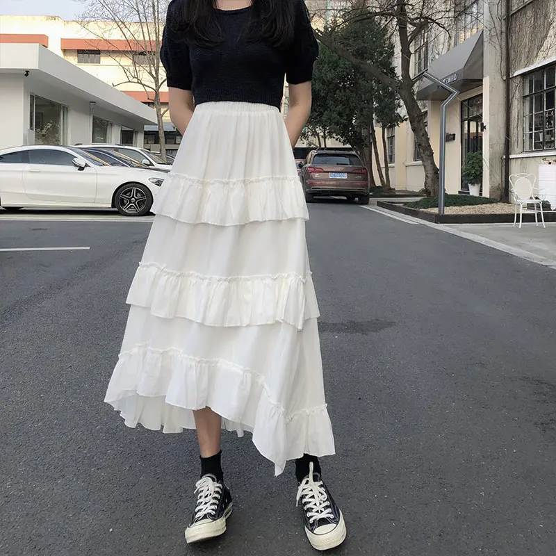 Qiukichonson Midi długie spódnice damskie długa spódnica Goth Lolita lato wysokiej zwężone asymetryczne wysokie niskie Ruched spódnice z falbanami rok — zdjęcie 6