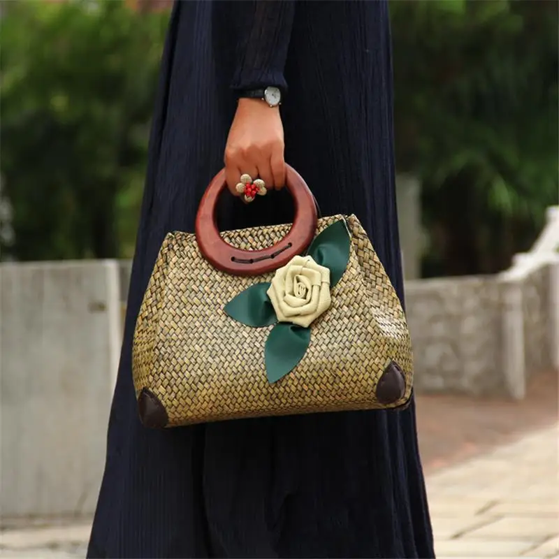 32x21CM  Rattan Straw Bag Hand-woven Retro Vacation Women Handbag Shoulder Bags Messenger Bag a6116