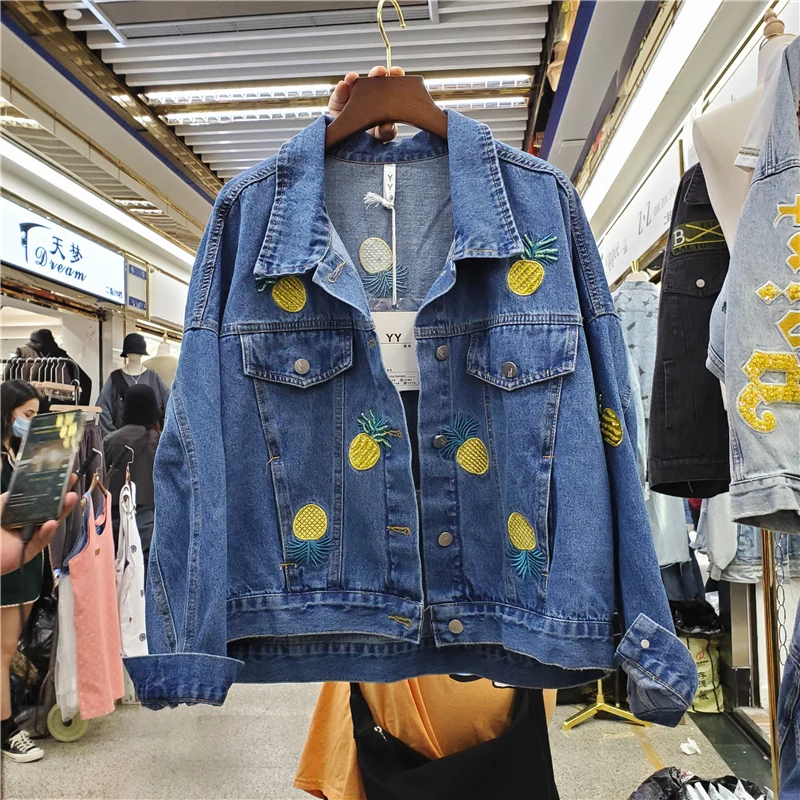 

2024 Spring Autumn New Denim Jacket Womens Korean Loose Denim Coats Fashion Embroidery Pineapple Short Denim Jackets Female Coat