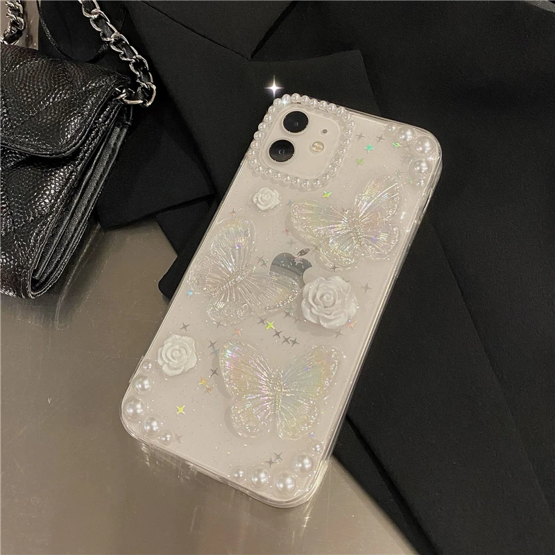 Qianliyao Cute 3D Bow Pearl Rose Phone Case For iPhone 15 14 13 12 11 Pro XS Max XR X 8 7 Plus Se Sequins Soft Shockproof Cover