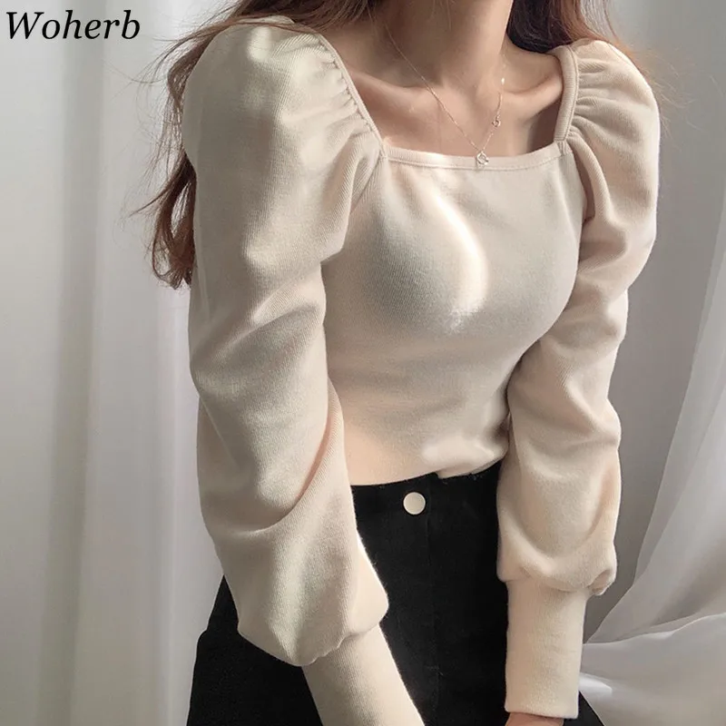 Woherb 2024 Women Fashion Puff Sleeve Basic Knitting Sweater Autumn Solid Casual Slim-fit Knitted Pullover Korean Vintage Jumper