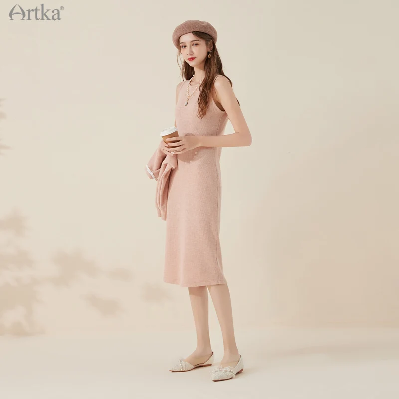 ARTKA 2021 A/W New Women Suits Elegant O-Neck Short Knitted Sweatshirt Set Tank Slim Midi Knitted Dresses 2 Piece Set VA20111D