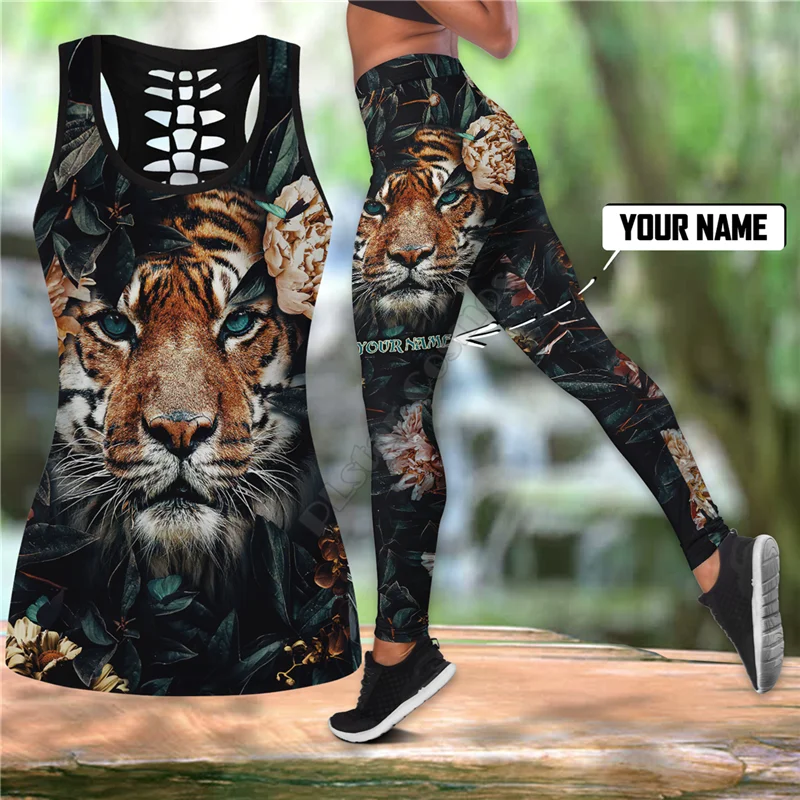 Customize Name Tiger Combo Outfit Leggings and Hollow out Tank Top Suit Yoga Fitness Soft Legging Summer Women For Girl 02