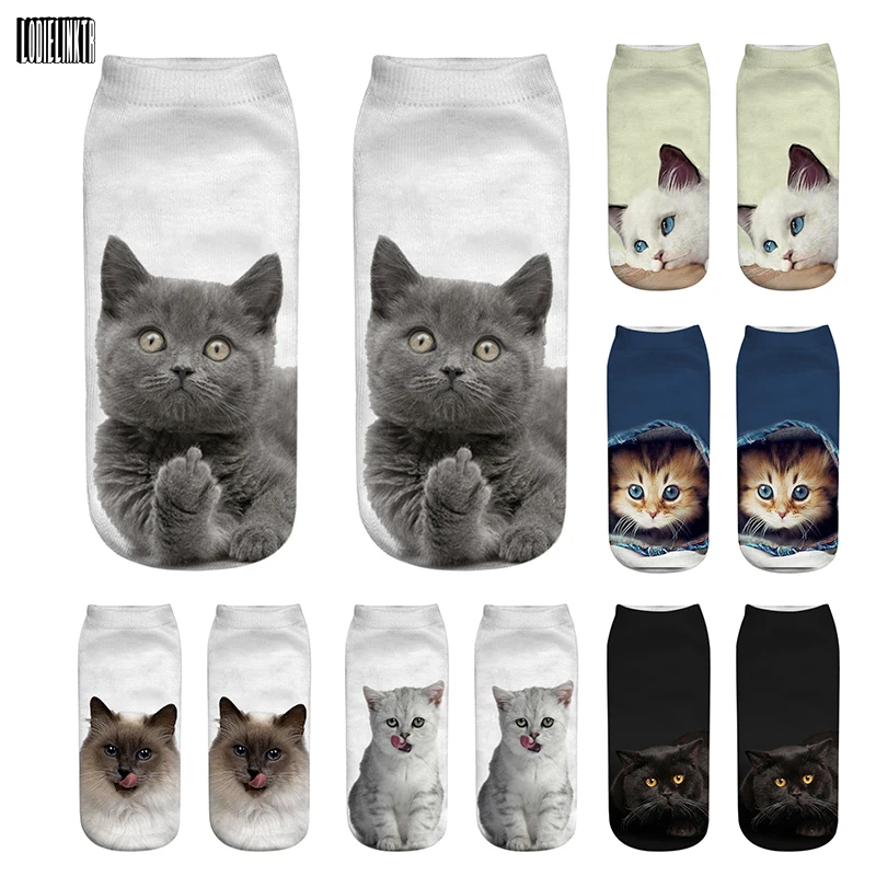 Meias Curtas Harajuku para Mulheres, Unisex, Kawaii, Colorido, Múltiplo Cara de Gato, Desenhos Animados Felizes, Tornozelo Baixo, Impressão 3D, Novo